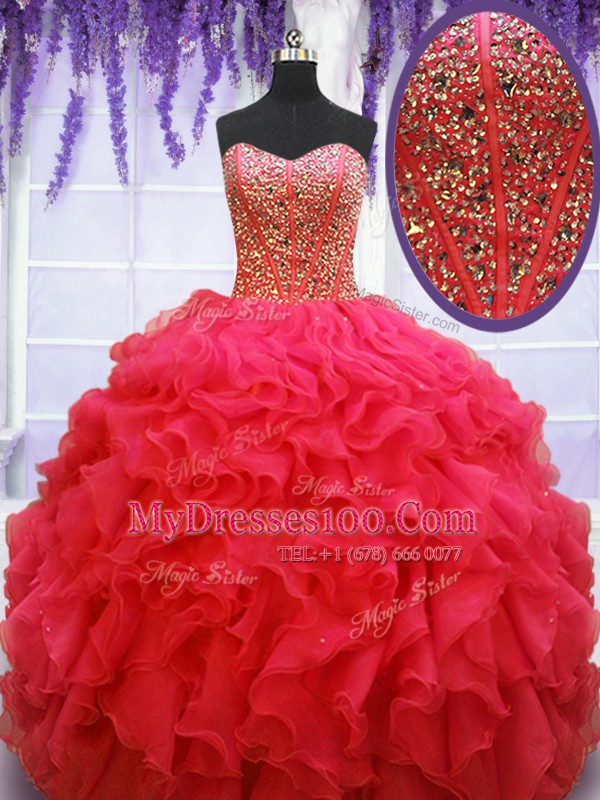 Super Floor Length Ball Gowns Sleeveless Coral Red Quinceanera Dress Lace Up