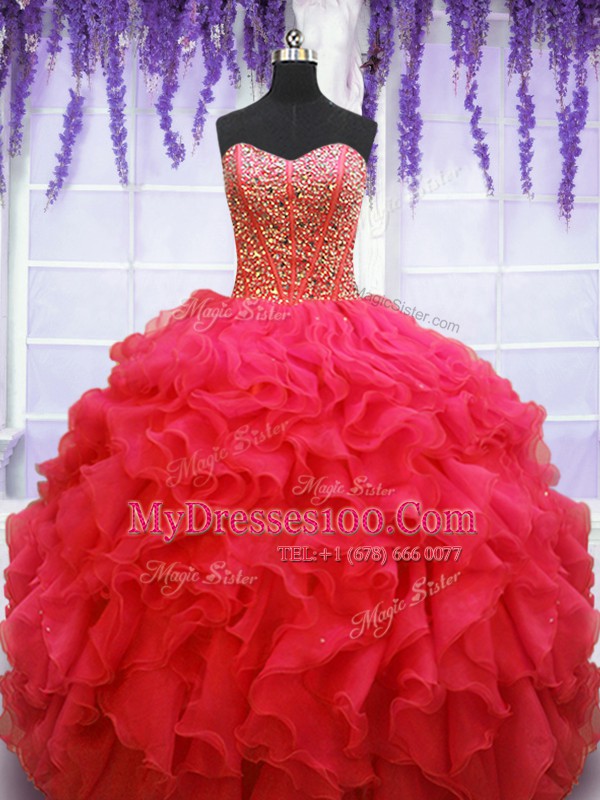 Super Floor Length Ball Gowns Sleeveless Coral Red Quinceanera Dress Lace Up