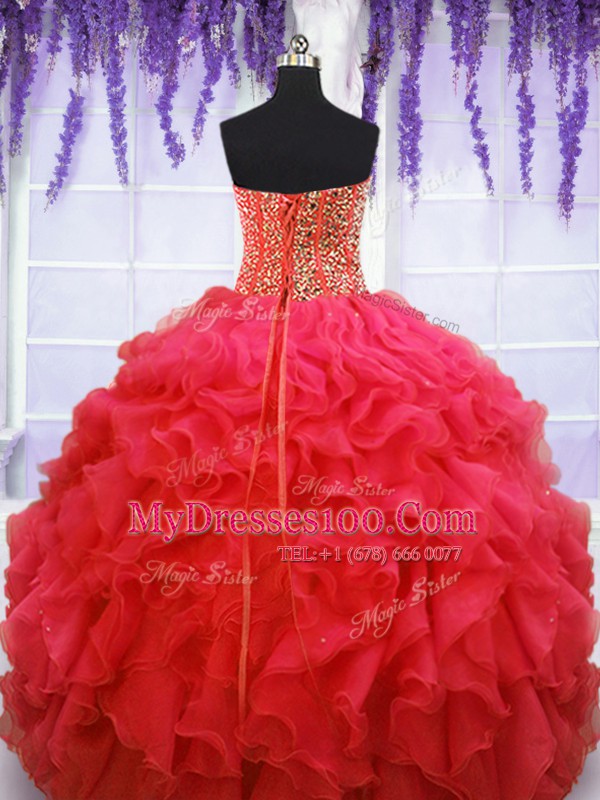 Super Floor Length Ball Gowns Sleeveless Coral Red Quinceanera Dress Lace Up