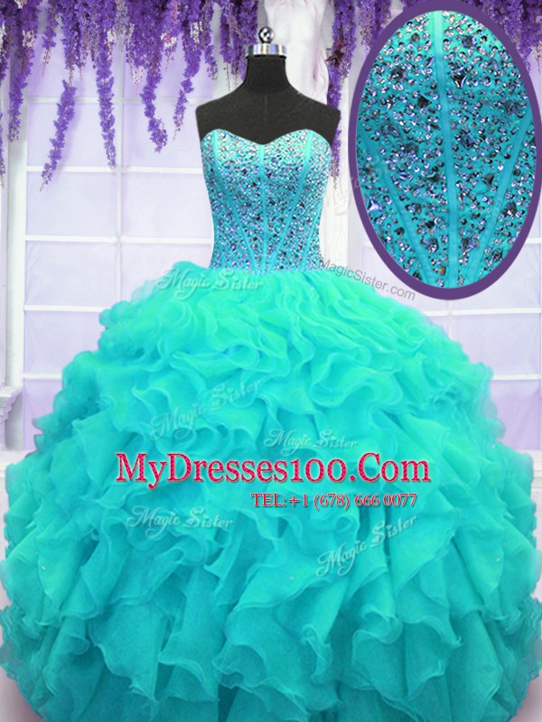 Hot Sale Aqua Blue Organza Lace Up Sweetheart Sleeveless Floor Length Vestidos de Quinceanera Beading and Ruffles