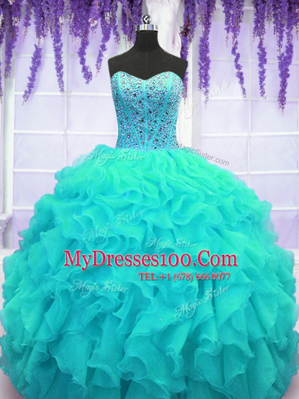 Hot Sale Aqua Blue Organza Lace Up Sweetheart Sleeveless Floor Length Vestidos de Quinceanera Beading and Ruffles