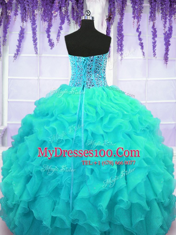 Hot Sale Aqua Blue Organza Lace Up Sweetheart Sleeveless Floor Length Vestidos de Quinceanera Beading and Ruffles
