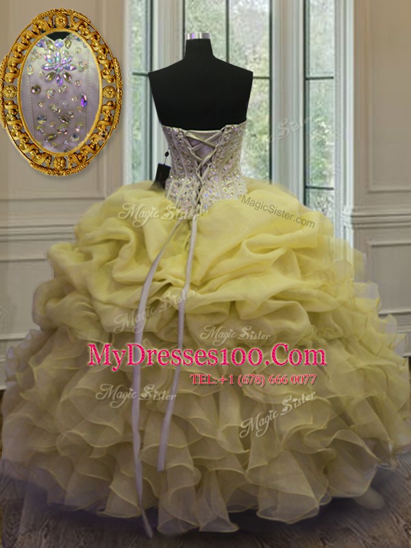 Extravagant Floor Length Lace Up Sweet 16 Dress Gold for Military Ball and Sweet 16 and Quinceanera with Beading and Ruffles and Pick Ups