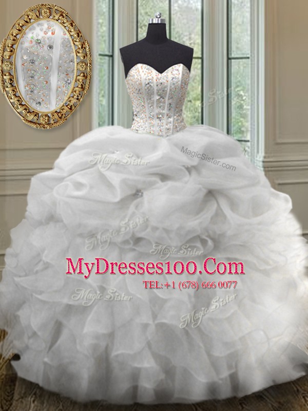 Exquisite Beading and Ruffles and Pick Ups Quinceanera Gown White Lace Up Sleeveless Floor Length