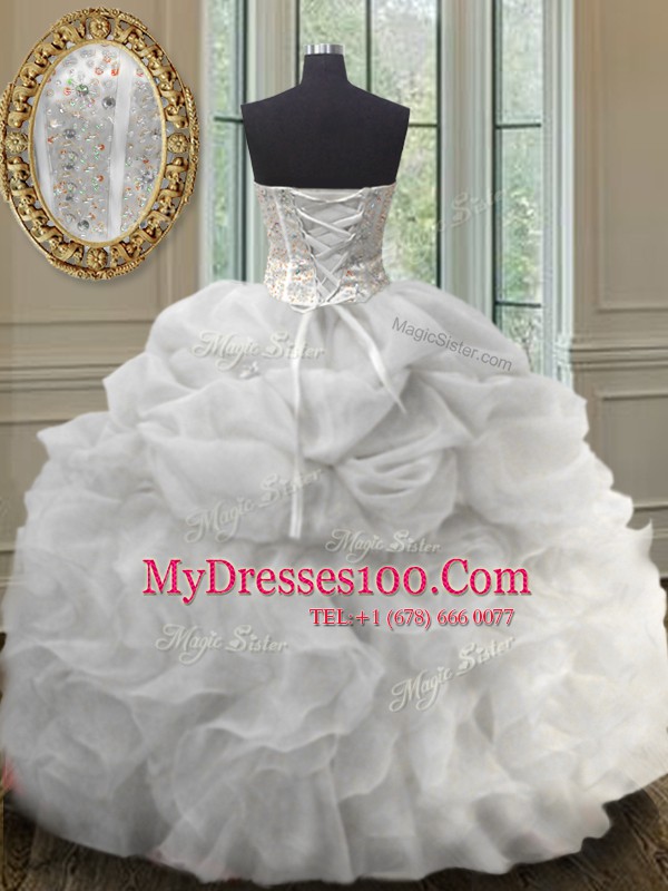 Exquisite Beading and Ruffles and Pick Ups Quinceanera Gown White Lace Up Sleeveless Floor Length