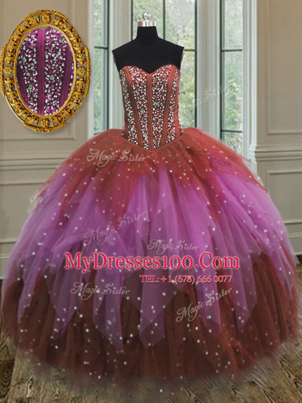 Custom Made Multi-color 15 Quinceanera Dress Military Ball and Sweet 16 and Quinceanera and For with Beading and Ruffles and Sequins Sweetheart Sleeveless Lace Up