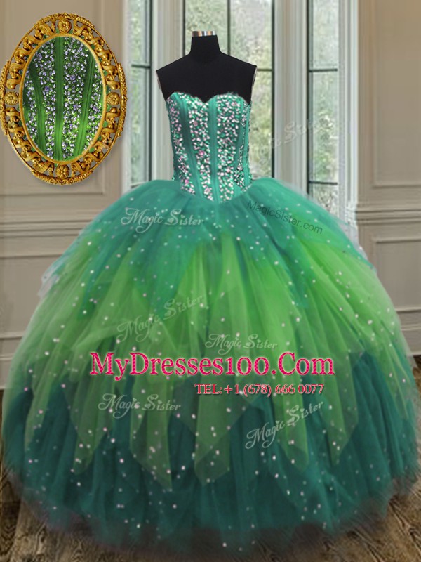 High Class Multi-color Sweetheart Neckline Beading and Ruffles and Sequins Ball Gown Prom Dress Sleeveless Lace Up