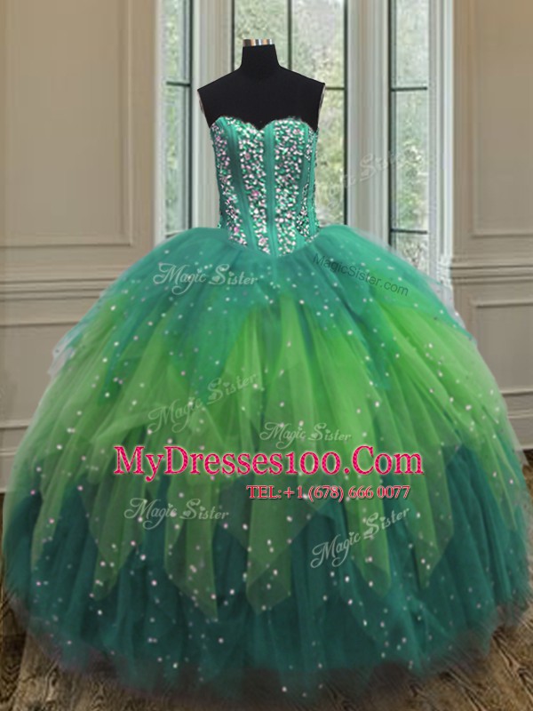High Class Multi-color Sweetheart Neckline Beading and Ruffles and Sequins Ball Gown Prom Dress Sleeveless Lace Up