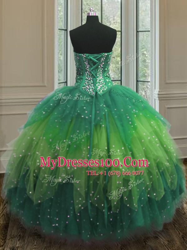 High Class Multi-color Sweetheart Neckline Beading and Ruffles and Sequins Ball Gown Prom Dress Sleeveless Lace Up