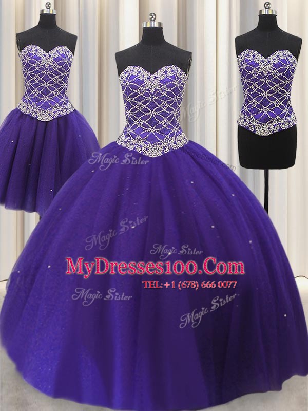 Noble Three Piece Floor Length Purple Sweet 16 Quinceanera Dress Tulle Sleeveless Beading and Sequins