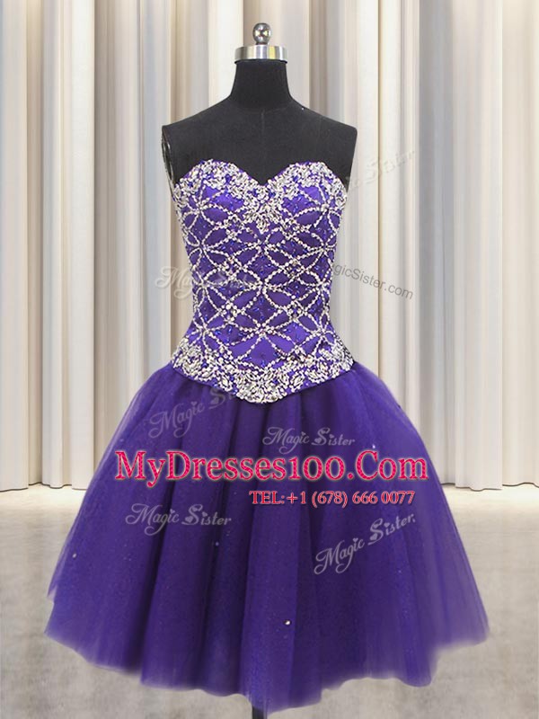 Noble Three Piece Floor Length Purple Sweet 16 Quinceanera Dress Tulle Sleeveless Beading and Sequins