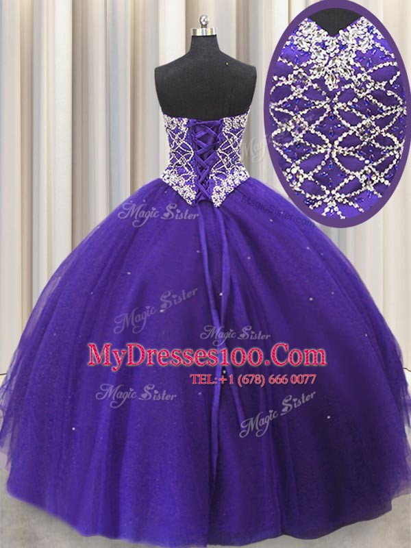 Noble Three Piece Floor Length Purple Sweet 16 Quinceanera Dress Tulle Sleeveless Beading and Sequins
