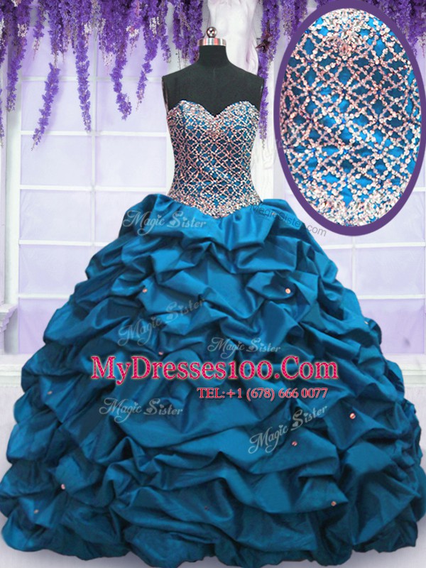 Fine Beading and Sequins and Pick Ups 15th Birthday Dress Blue Lace Up Sleeveless Floor Length