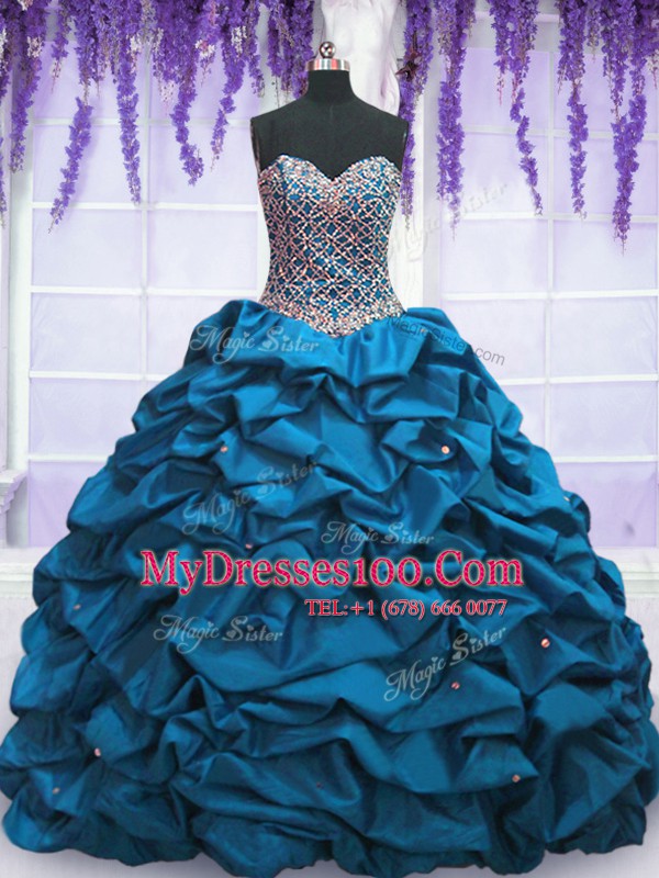 Fine Beading and Sequins and Pick Ups 15th Birthday Dress Blue Lace Up Sleeveless Floor Length