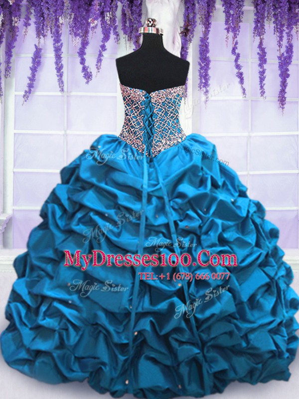 Fine Beading and Sequins and Pick Ups 15th Birthday Dress Blue Lace Up Sleeveless Floor Length
