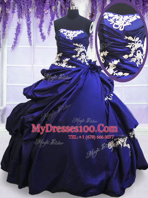 Elegant Blue Sleeveless Floor Length Appliques and Pick Ups Lace Up Vestidos de Quinceanera