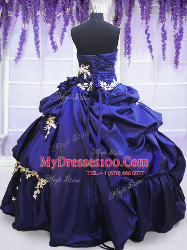 Elegant Blue Sleeveless Floor Length Appliques and Pick Ups Lace Up Vestidos de Quinceanera