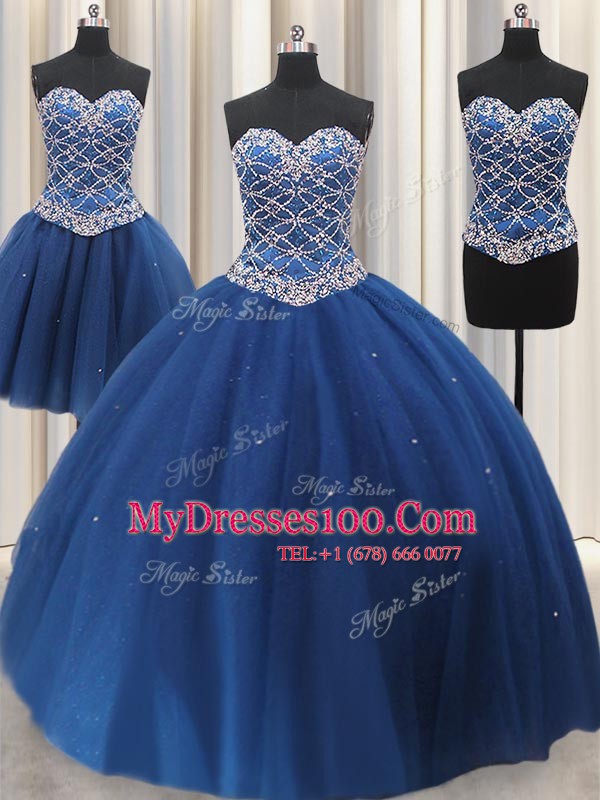 Hot Selling Three Piece Blue Sweetheart Lace Up Beading and Sequins Quinceanera Gowns Sleeveless