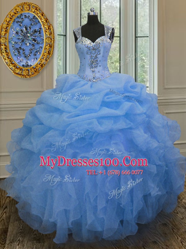 Straps Blue Organza Zipper Ball Gown Prom Dress Sleeveless Floor Length Beading and Ruffles