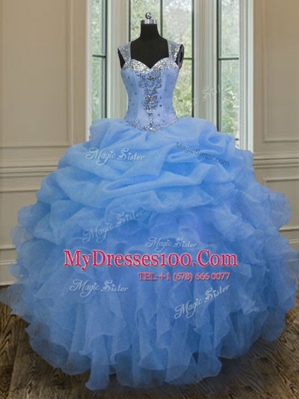 Straps Blue Organza Zipper Ball Gown Prom Dress Sleeveless Floor Length Beading and Ruffles