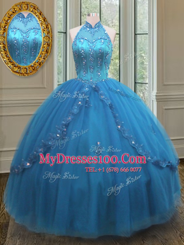 Fitting Floor Length Ball Gowns Sleeveless Blue Sweet 16 Quinceanera Dress Lace Up