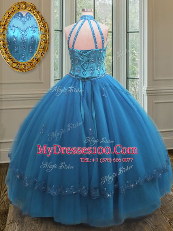 Fitting Floor Length Ball Gowns Sleeveless Blue Sweet 16 Quinceanera Dress Lace Up