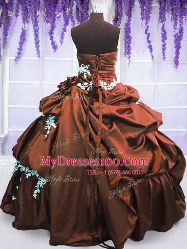 Adorable Brown Ball Gowns Taffeta Strapless Sleeveless Appliques and Pick Ups Floor Length Lace Up Vestidos de Quinceanera