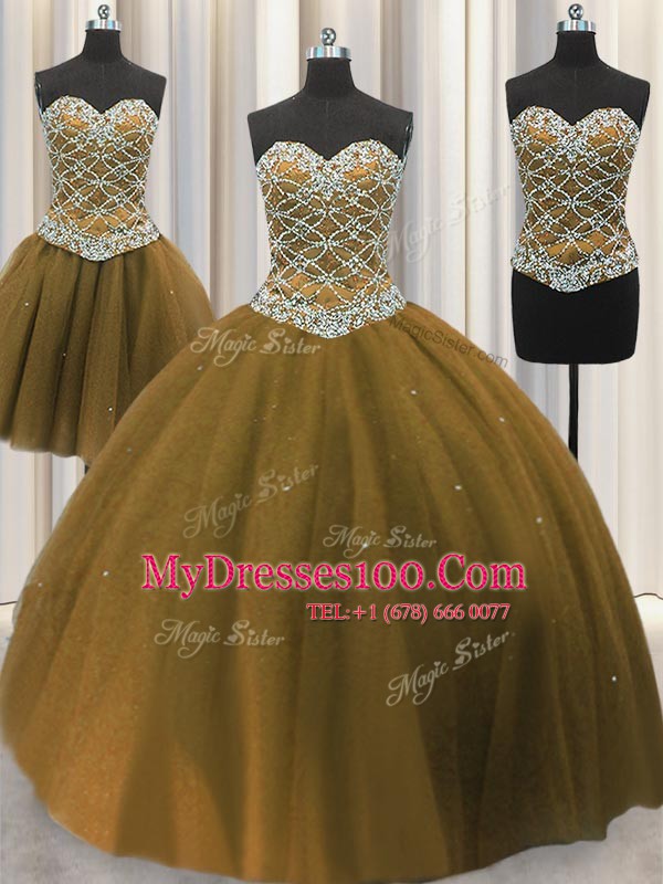 Edgy Three Piece Brown Lace Up Sweetheart Beading and Sequins Vestidos de Quinceanera Tulle Sleeveless