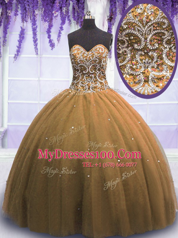 Beading Sweet 16 Quinceanera Dress Brown Lace Up Sleeveless Floor Length