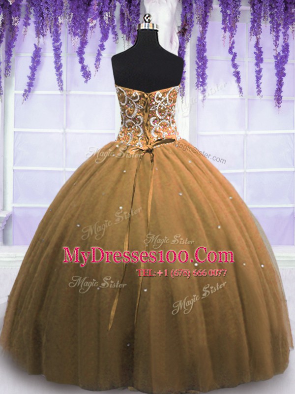 Beading Sweet 16 Quinceanera Dress Brown Lace Up Sleeveless Floor Length