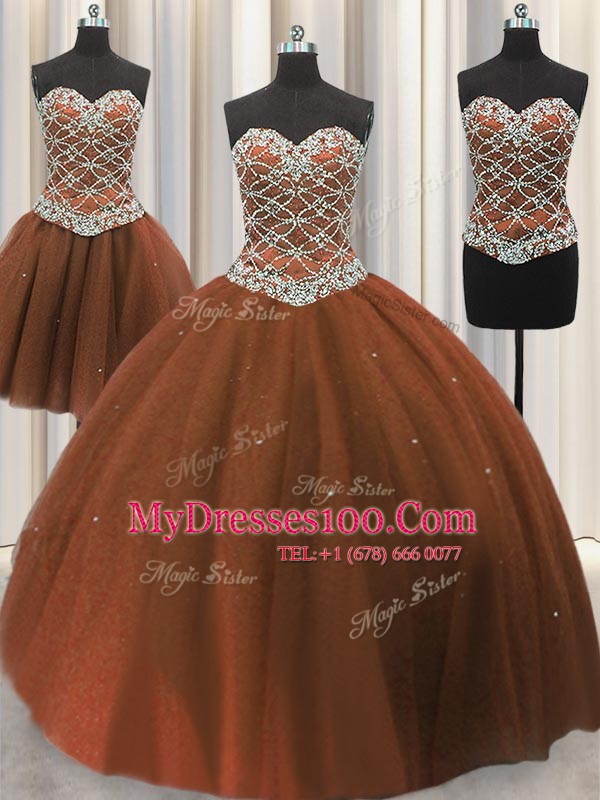Three Piece Brown 15th Birthday Dress Military Ball and Sweet 16 and Quinceanera and For with Beading and Sequins Sweetheart Sleeveless Lace Up