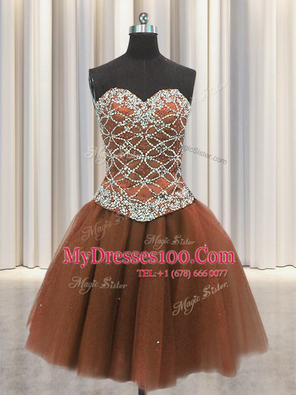 Three Piece Brown 15th Birthday Dress Military Ball and Sweet 16 and Quinceanera and For with Beading and Sequins Sweetheart Sleeveless Lace Up
