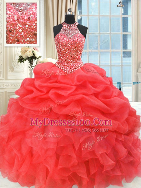 Most Popular Organza High-neck Sleeveless Lace Up Beading and Pick Ups 15 Quinceanera Dress in Coral Red