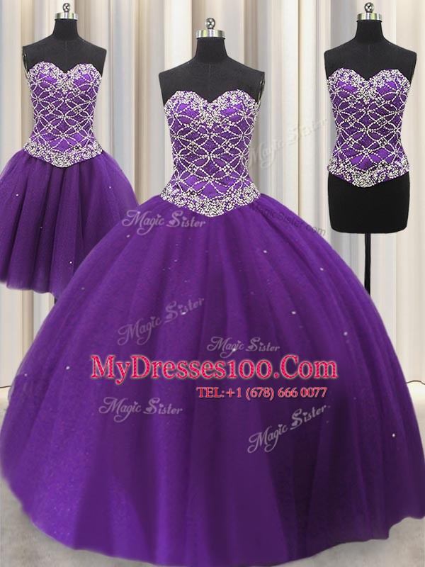 Elegant Three Piece Eggplant Purple Ball Gowns Sweetheart Sleeveless Tulle Floor Length Lace Up Beading and Sequins Ball Gown Prom Dress