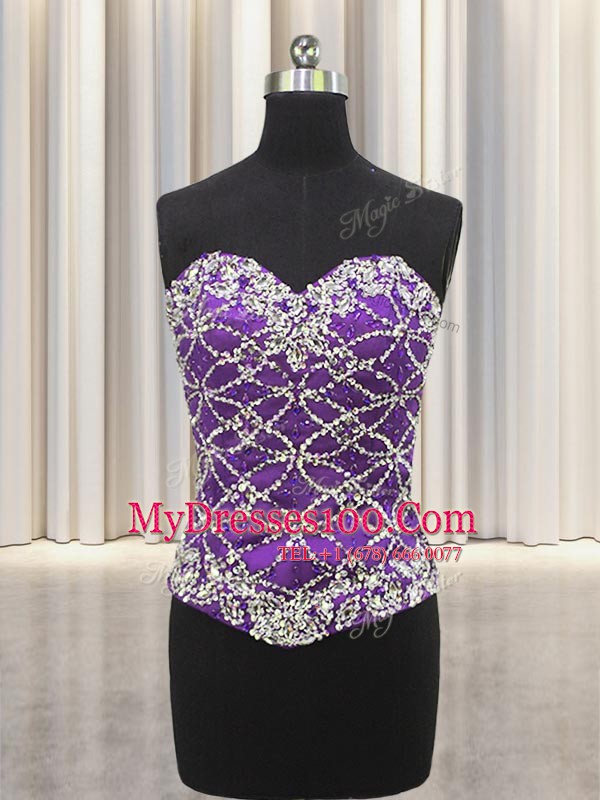 Elegant Three Piece Eggplant Purple Ball Gowns Sweetheart Sleeveless Tulle Floor Length Lace Up Beading and Sequins Ball Gown Prom Dress