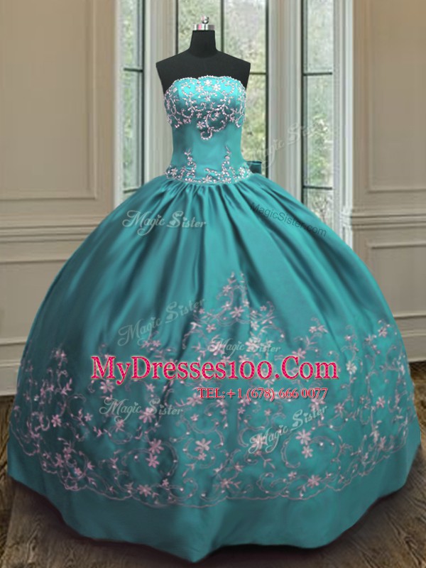 Teal Lace Up Strapless Embroidery 15th Birthday Dress Satin Sleeveless