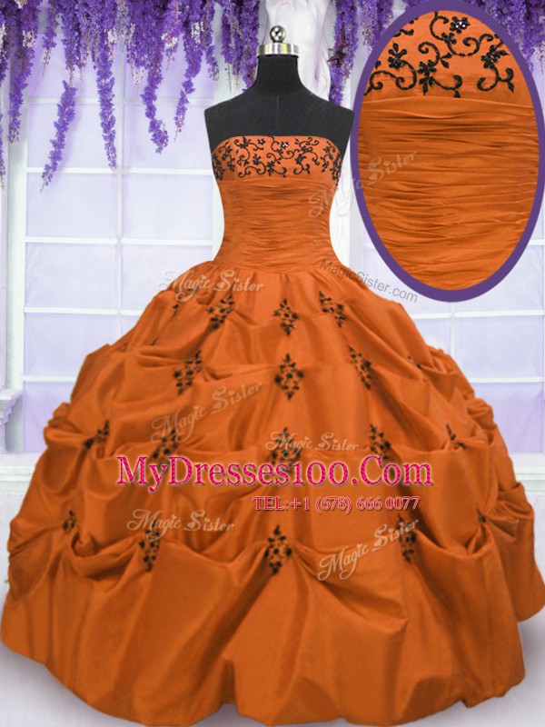 Orange Red Lace Up Strapless Embroidery and Pick Ups Quinceanera Gowns Taffeta Sleeveless