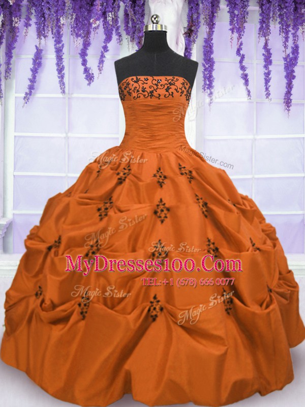 Orange Red Lace Up Strapless Embroidery and Pick Ups Quinceanera Gowns Taffeta Sleeveless