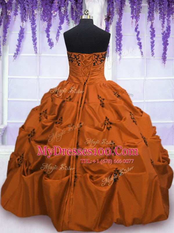 Orange Red Lace Up Strapless Embroidery and Pick Ups Quinceanera Gowns Taffeta Sleeveless