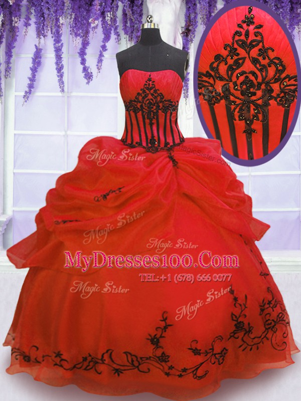 Embroidery and Pick Ups Quinceanera Gown Red Lace Up Sleeveless Floor Length