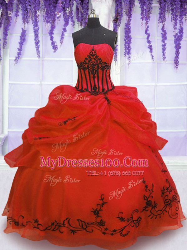 Embroidery and Pick Ups Quinceanera Gown Red Lace Up Sleeveless Floor Length