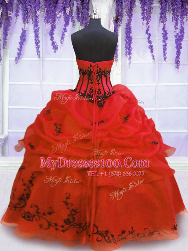 Embroidery and Pick Ups Quinceanera Gown Red Lace Up Sleeveless Floor Length