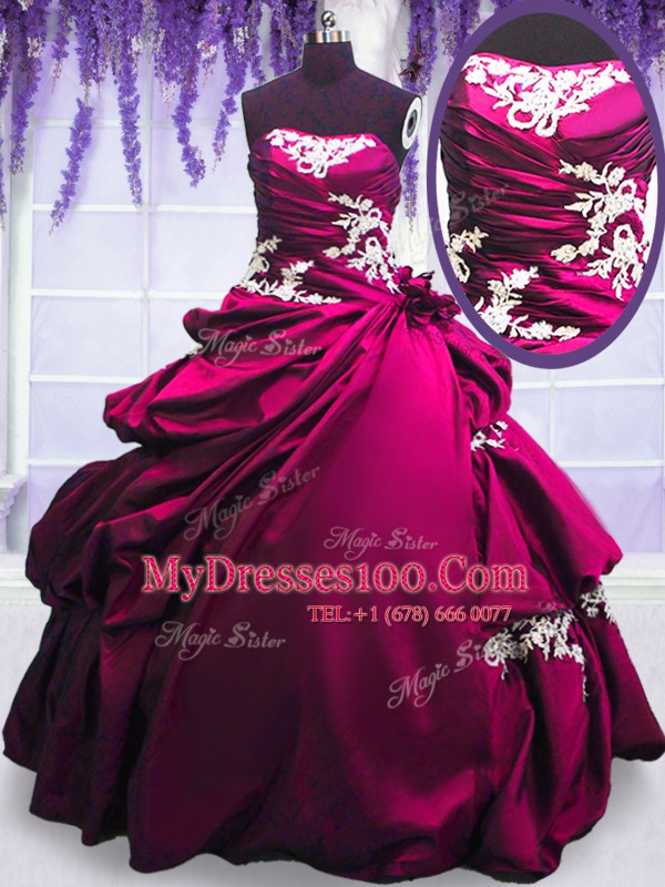 Fine Strapless Sleeveless Quince Ball Gowns Floor Length Embroidery and Pick Ups Fuchsia Taffeta