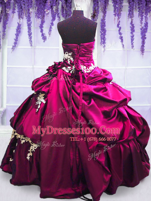 Fine Strapless Sleeveless Quince Ball Gowns Floor Length Embroidery and Pick Ups Fuchsia Taffeta
