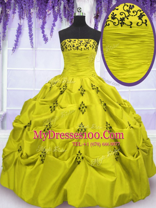 Ruffled Ball Gowns Quinceanera Gown Olive Green Strapless Taffeta Sleeveless Floor Length Lace Up