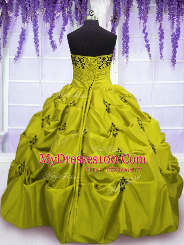Ruffled Ball Gowns Quinceanera Gown Olive Green Strapless Taffeta Sleeveless Floor Length Lace Up