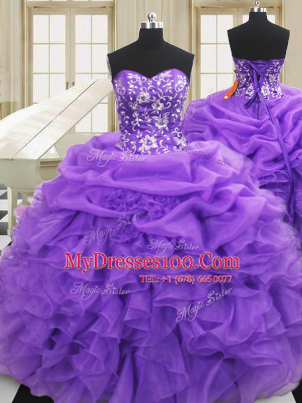 Low Price Sweetheart Sleeveless Quinceanera Dress Floor Length Embroidery and Ruffles Purple Organza