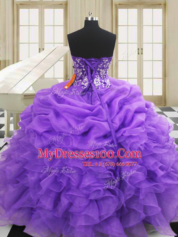 Low Price Sweetheart Sleeveless Quinceanera Dress Floor Length Embroidery and Ruffles Purple Organza