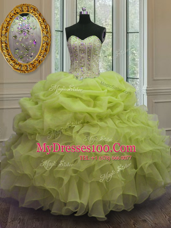 Yellow Green Ball Gowns Beading and Pick Ups Quinceanera Dresses Lace Up Organza Sleeveless Floor Length