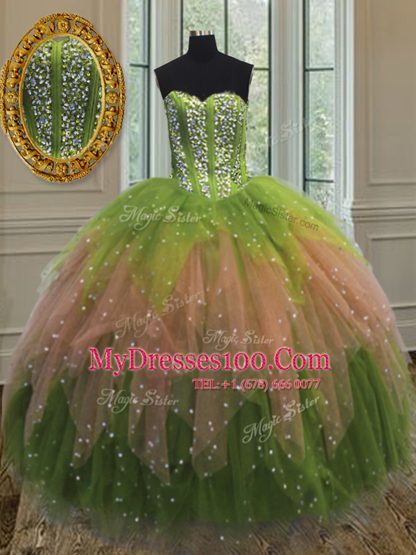 Sequins Floor Length Ball Gowns Sleeveless Multi-color Sweet 16 Dress Lace Up